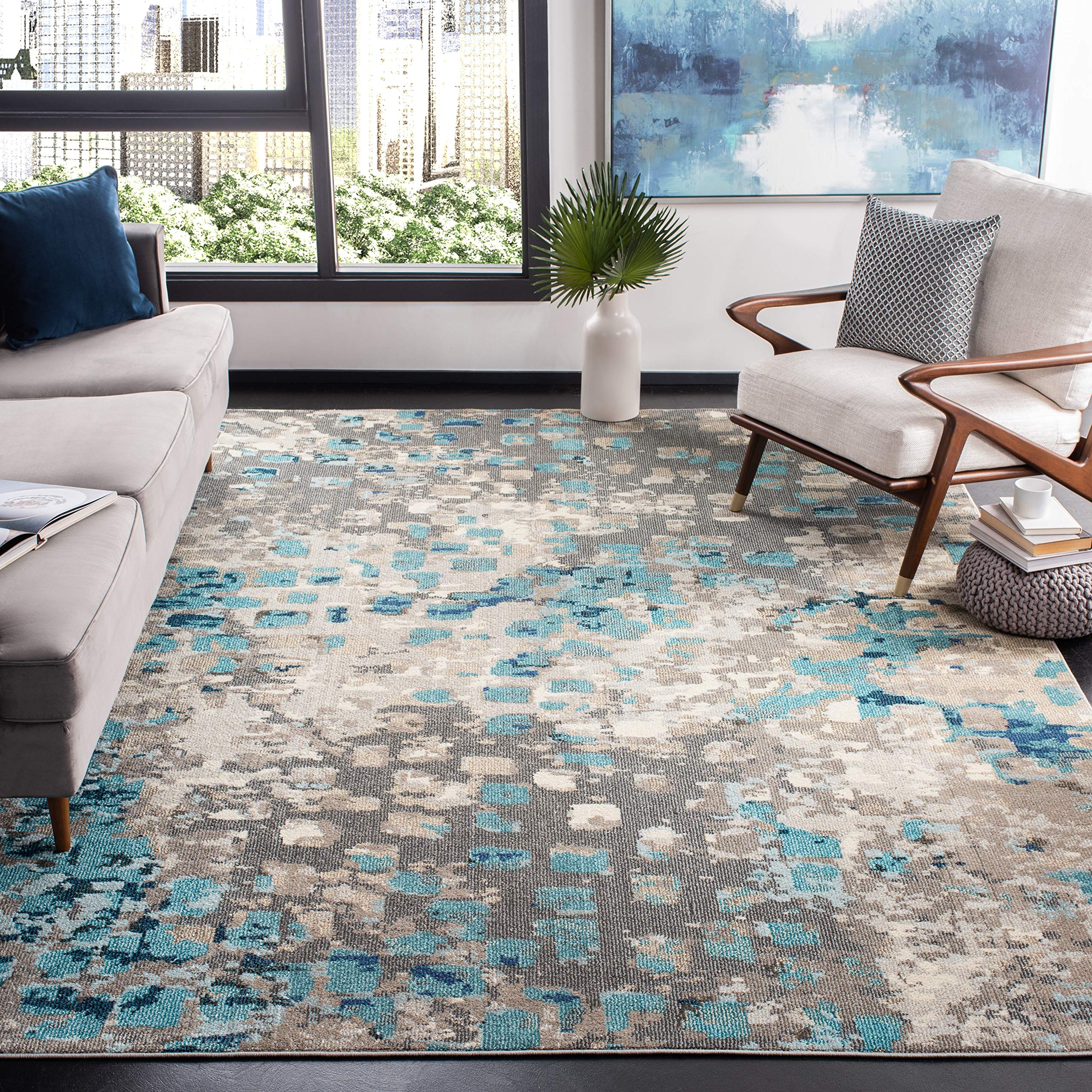 SAFAVIEH Madison Collection Area Rug - 9' x 12', Grey & Blue, Boho Abstract Distressed Design, Non-Shedding & Easy Care, Ideal f